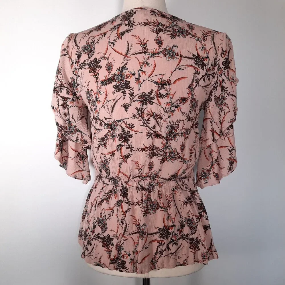 Maurice's Ruched Front Romantic Boho Gauzy Peplum Blouse Pink Floral Size Small - Picture 3 of 12